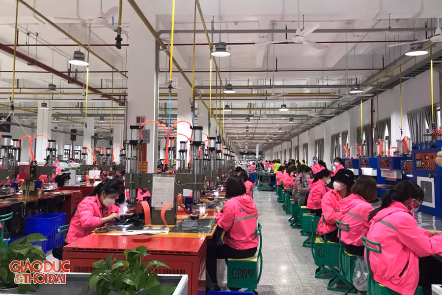 Công nhân nhà máy Viet Glory làm việc vào sáng nay.