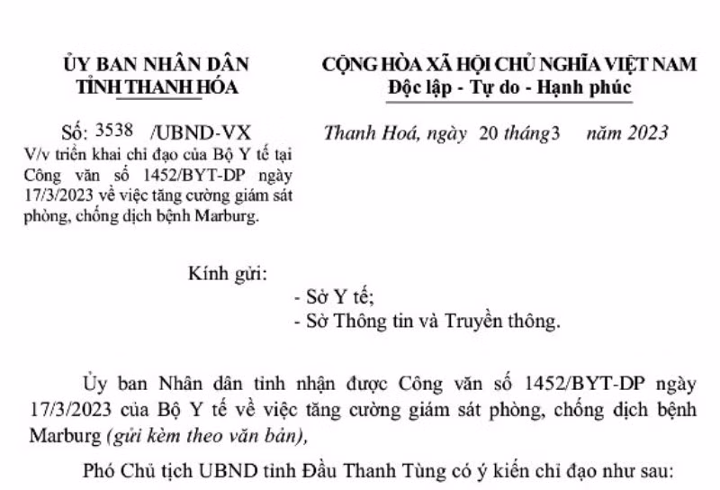 Công văn chỉ đạo của UBND tỉnh Thanh Hóa. Ảnh: TL. Công văn chỉ đạo của UBND tỉnh Thanh Hóa. Ảnh: TL.