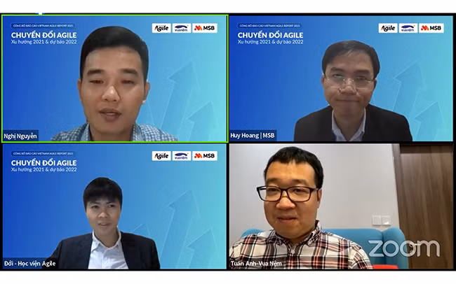 Các chuyên gia và lãnh đạo doanh nghiệp tham gia tọa đàm trong sự kiện công bố Vietnam Agile Report 2021.