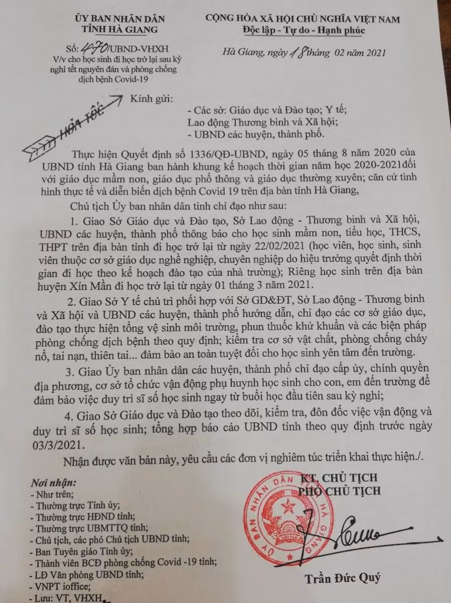 Văn bản của UBND tỉnh Hà Giang về việc cho học sinh đi học trở lại