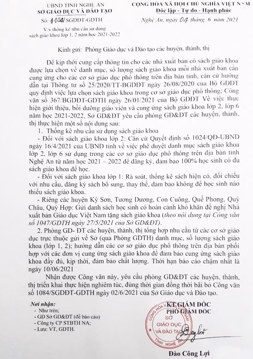 Văn bản của Sở GD&amp;ĐT Nghệ An hướng dẫn thống kê danh mục, số lượng SGK để cung ứng kịp thời về cho học sinh trước năm học mới.