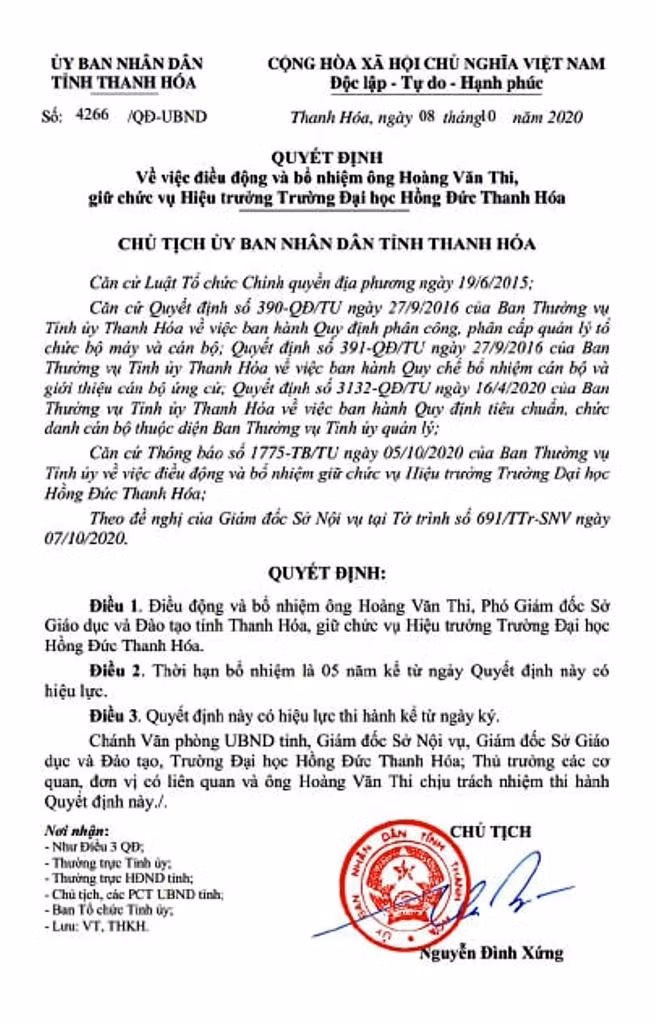 Quyết định điều động, bổ nhiệm ông Hoàng Văn Thi giữ chức Hiệu trưởng Trường Đại học Hồng Đức.
