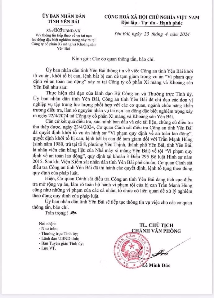 UBND tỉnh Yên Bái thông tin về diễn biến điều tra vụ tai nạn lao động thương tâm làm 10 người thương vong. UBND tỉnh Yên Bái thông tin về diễn biến điều tra vụ tai nạn lao động thương tâm làm 10 người thương vong.