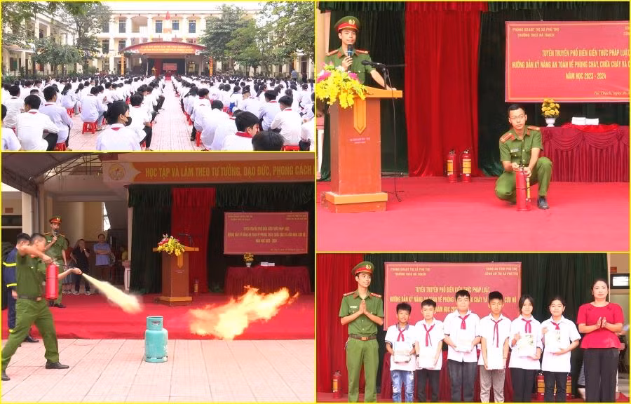 Nhằm trang bị cho cán bộ, giáo viên và học sinh những kỹ năng cơ bản về công tác phòng cháy, chữa cháy và cứu nạn, cứu hộ, trong năm học 2023 - 2024, Trường THCS Hà Thạch đã phối hợp với Đội Cảnh sát PCCC, Công an thị xã Phú Thọ tổ chức hoạt động ngoại khóa, phổ biến kiến thức pháp luật, hướng dẫn kỹ năng an toàn về PCCC và cứu nạn, cứu hộ cho trên 600 em học cùng CBGV nhân viên nhà trường. Nhằm trang bị cho cán bộ, giáo viên và học sinh những kỹ năng cơ bản về công tác phòng cháy, chữa cháy và cứu nạn, cứu hộ, trong năm học 2023 - 2024, Trường THCS Hà Thạch đã phối hợp với Đội Cảnh sát PCCC, Công an thị xã Phú Thọ tổ chức hoạt động ngoại khóa, phổ biến kiến thức pháp luật, hướng dẫn kỹ năng an toàn về PCCC và cứu nạn, cứu hộ cho trên 600 em học cùng CBGV nhân viên nhà trường.