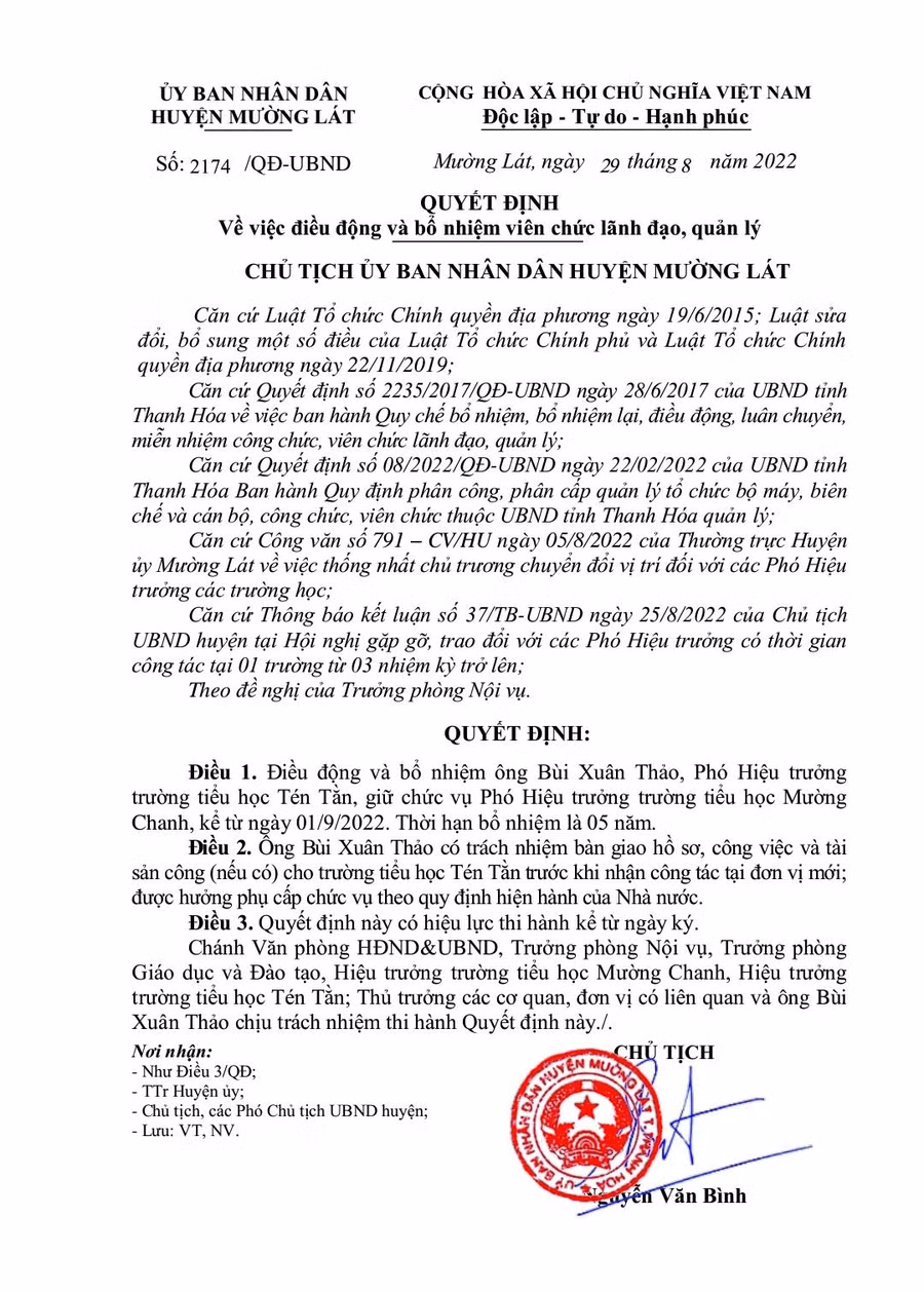Quyết định điều động ông Bùi Xuân Thảo, do Chủ tịch UBND huyện Mường Lát ký.