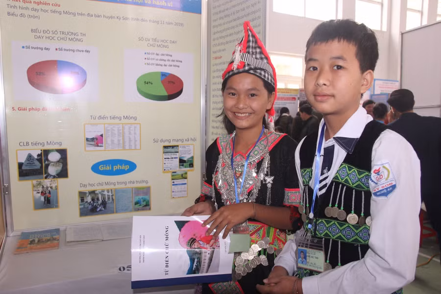 Nhóm học sinh Trường Phổ thông DTNT THCS Kỳ Sơn (Nghệ An) với dự án bảo tồn chữ viết người dân tộc Mông.