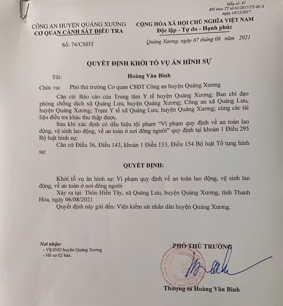 Quyết định khởi tố vụ án hình sự.