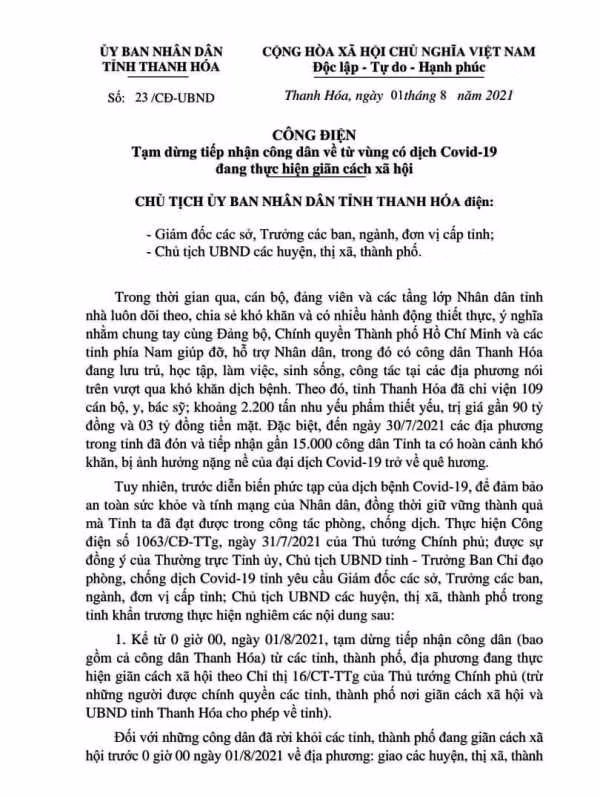 Công điện của Chủ tịch UBND tỉnh Thanh Hóa.