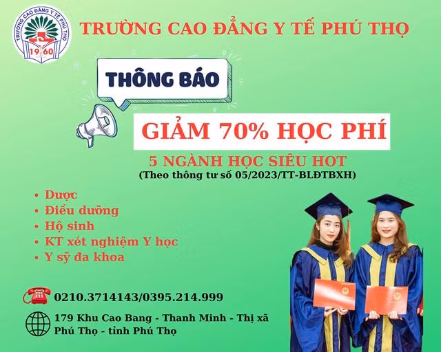 Trường Cao đẳng Y tế Phú Thọ thực hiện giảm 70% học phí 5 ngành học theo Thông tư 05/2023/TT-BLĐTBXH. Trường Cao đẳng Y tế Phú Thọ thực hiện giảm 70% học phí 5 ngành học theo Thông tư 05/2023/TT-BLĐTBXH.