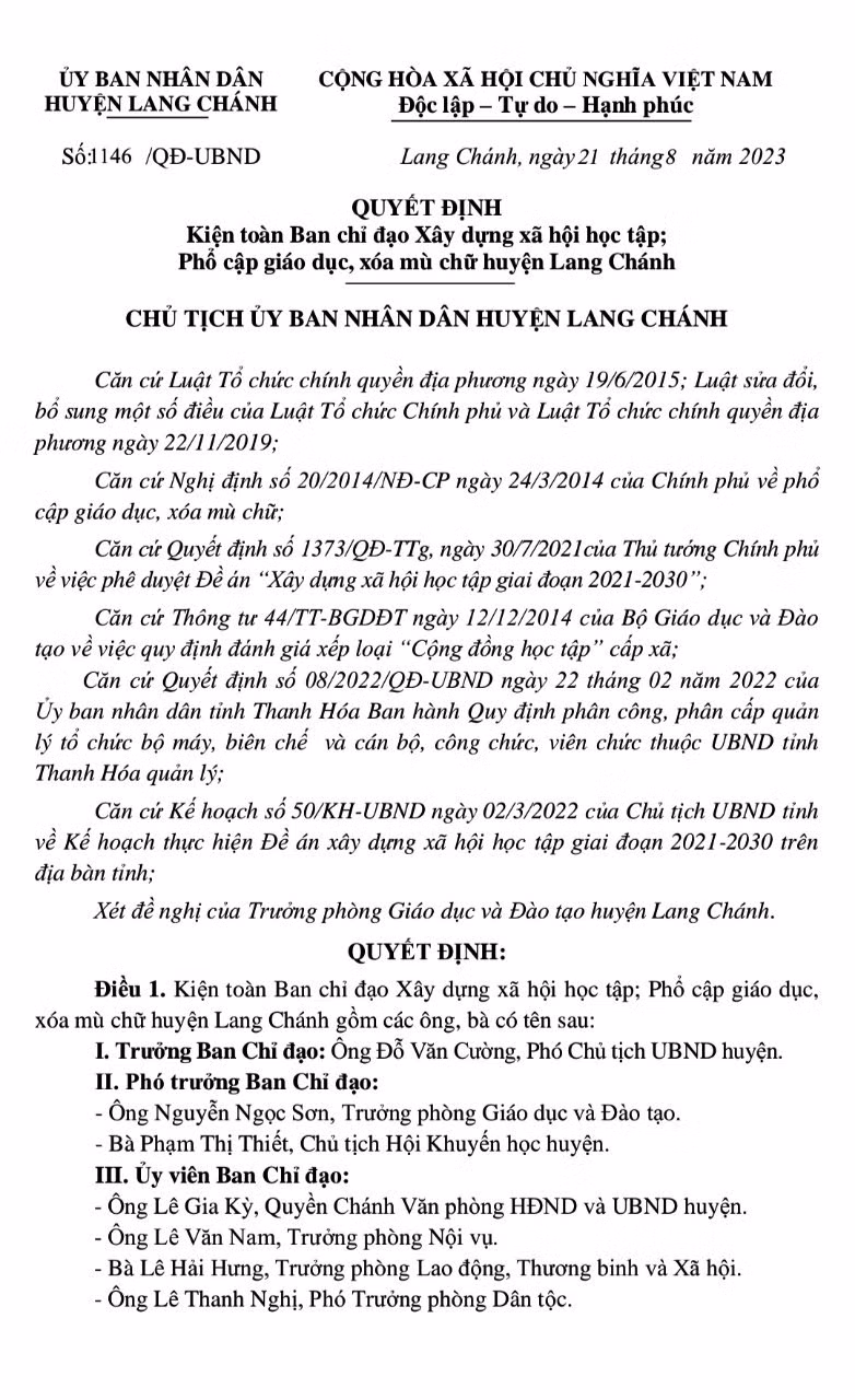 Quyết định thành lập Ban Chỉ đạo xây dựng xã hội học tập, phổ cập giáo dục, xóa mù chữ của huyện Lang Chánh. Ảnh: TL