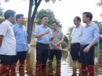 Phó Bí thư Thường trực Tỉnh ủy Thanh Hóa Nguyễn Hồng Phong (áo xanh ở giữa) cùng đoàn công tác đi kiểm tra tình hình ngập lụt.