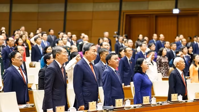 Tổng Bí thư, Chủ tịch nước Tô Lâm và các đại biểu thực hiện nghi thức chào cờ. Ảnh: Doãn Tấn/TTXVN