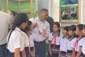 Học sinh Trường PTDTBT Tiểu học & THCS Ngọc Linh (xã Trà Linh, TP Đà Nẵng) trải nghiệm thực tế phiên chợ sâm Ngọc Linh. 