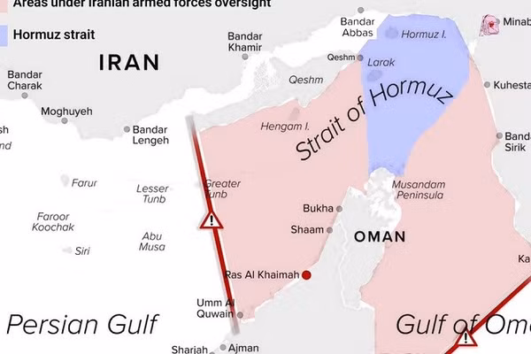 Tấm bản đồ phân định khu vực Iran giám sát ở eo biển Hormuz.