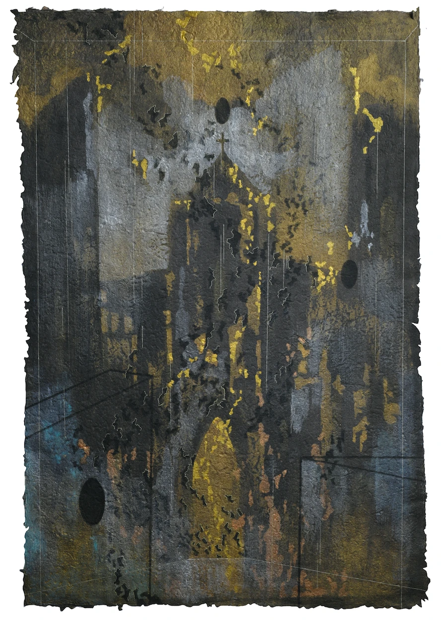 Nguyễn Sơn, “Tiếng vọng #5” (2019), acrylic trên giấy Chia sar, 80 x 55 cm